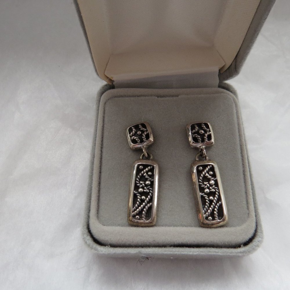 Sterling Silver Smara Braided Scroll and Bead Design Drop Dangle Earrings